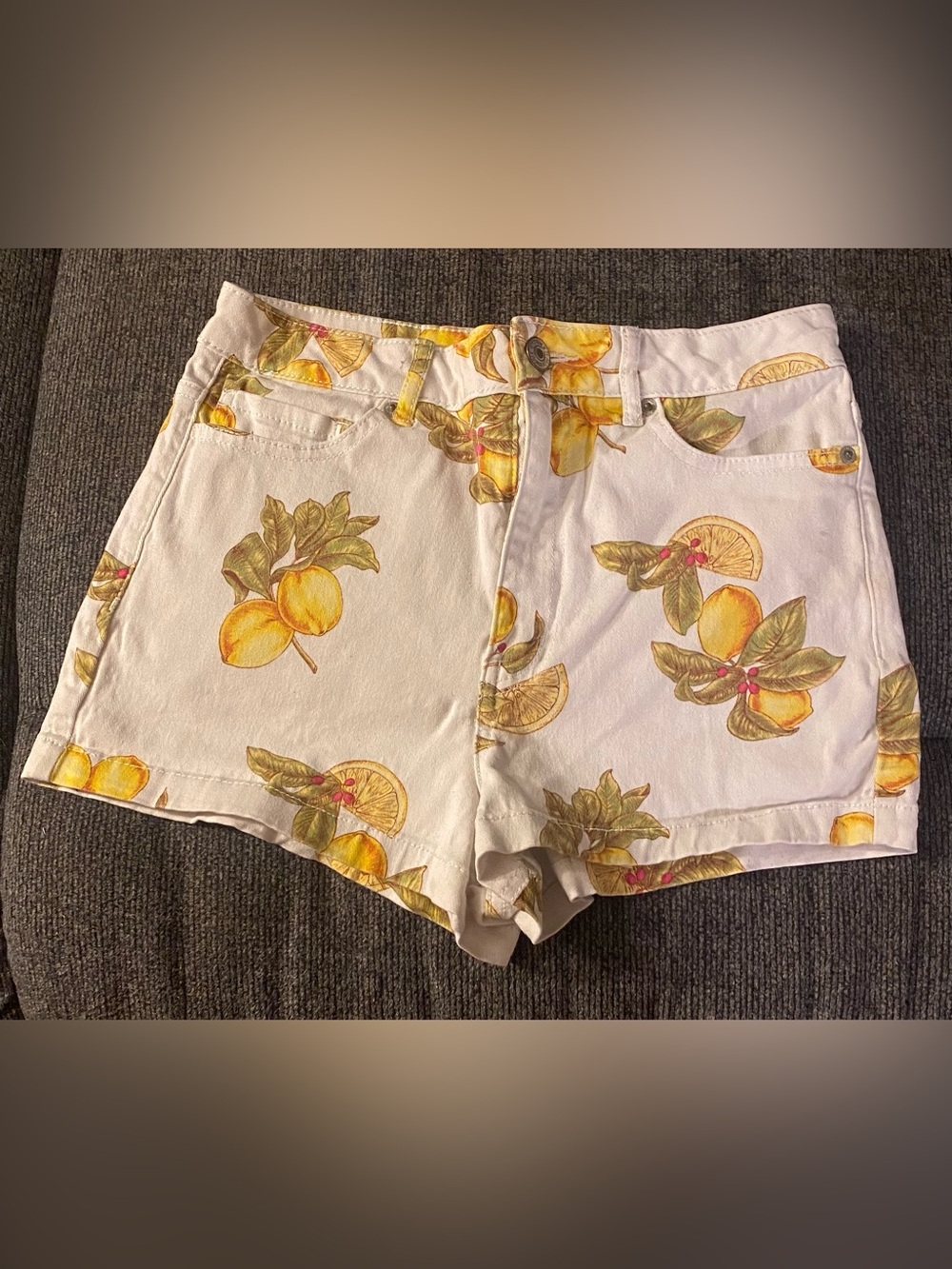 Forever 21 White Lemon-Print Denim Shorts
